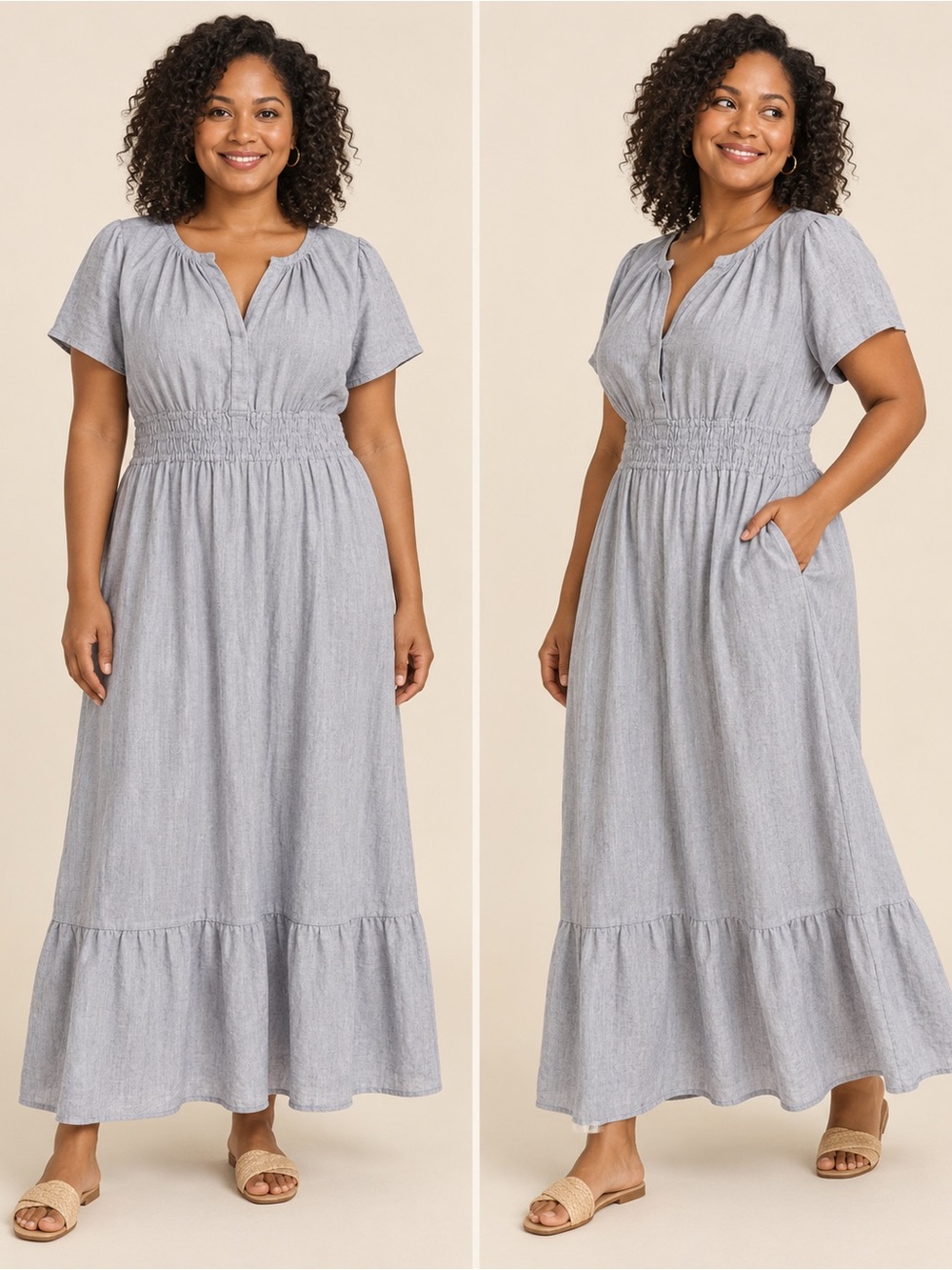 Wayward Fancies 100% Linen BluWht Strip Tiered Maxi Dress Prairie Pocket Boho XL